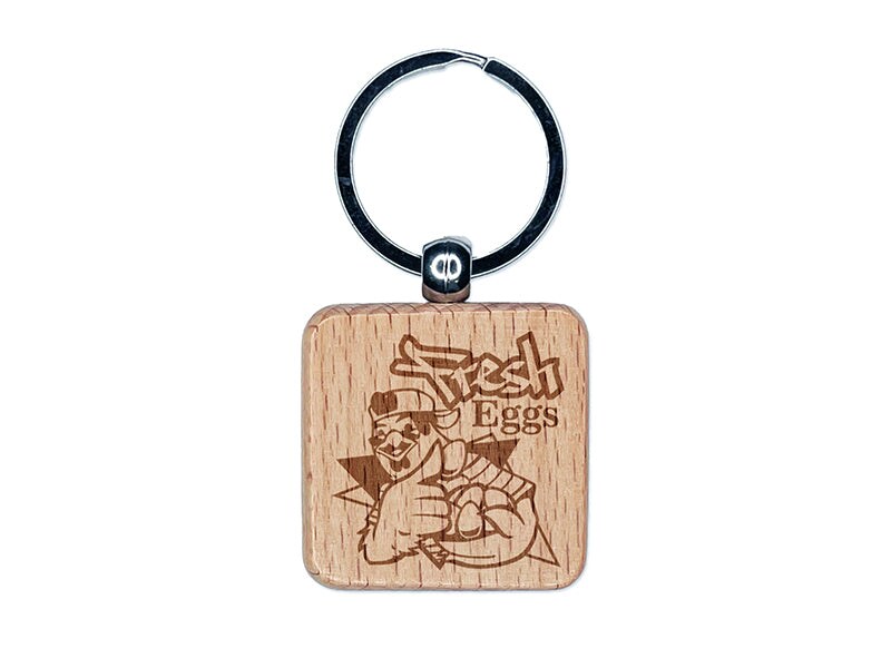 Fresh Eggs 90&#x27;s Hip-Hop Street Graffiti Chicken Engraved Wood Square Keychain Tag Charm
