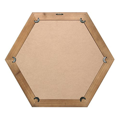 Decorative 24" Hexagon Hanging Wall Mirror with Natural Wood Frame and Attached Hanging Bracket, Rustic Farmhouse Decor for the Living Room, Bathroom, Bedroom, and Entryway Brown
