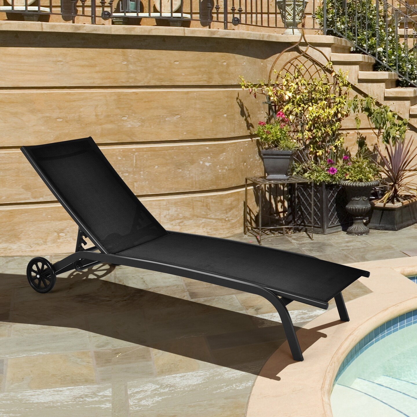 Adjustable Outdoor Chaise Lounge Chair with Wheels – Steel Frame, Breathable Fabric