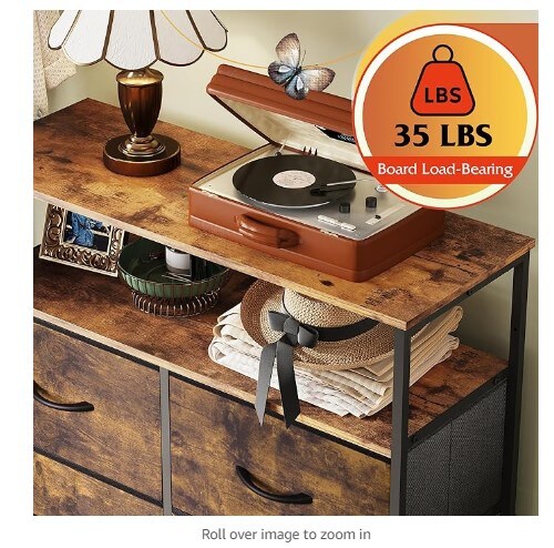 Fabric Dresser with Open Shelves for Bedroom, Tall Dresser with Eight Drawers, Fabric Bin Storage Tower, Closet Chest of Drawers for Living Room, and Hallway Print with Rustic Brown Wood Grain