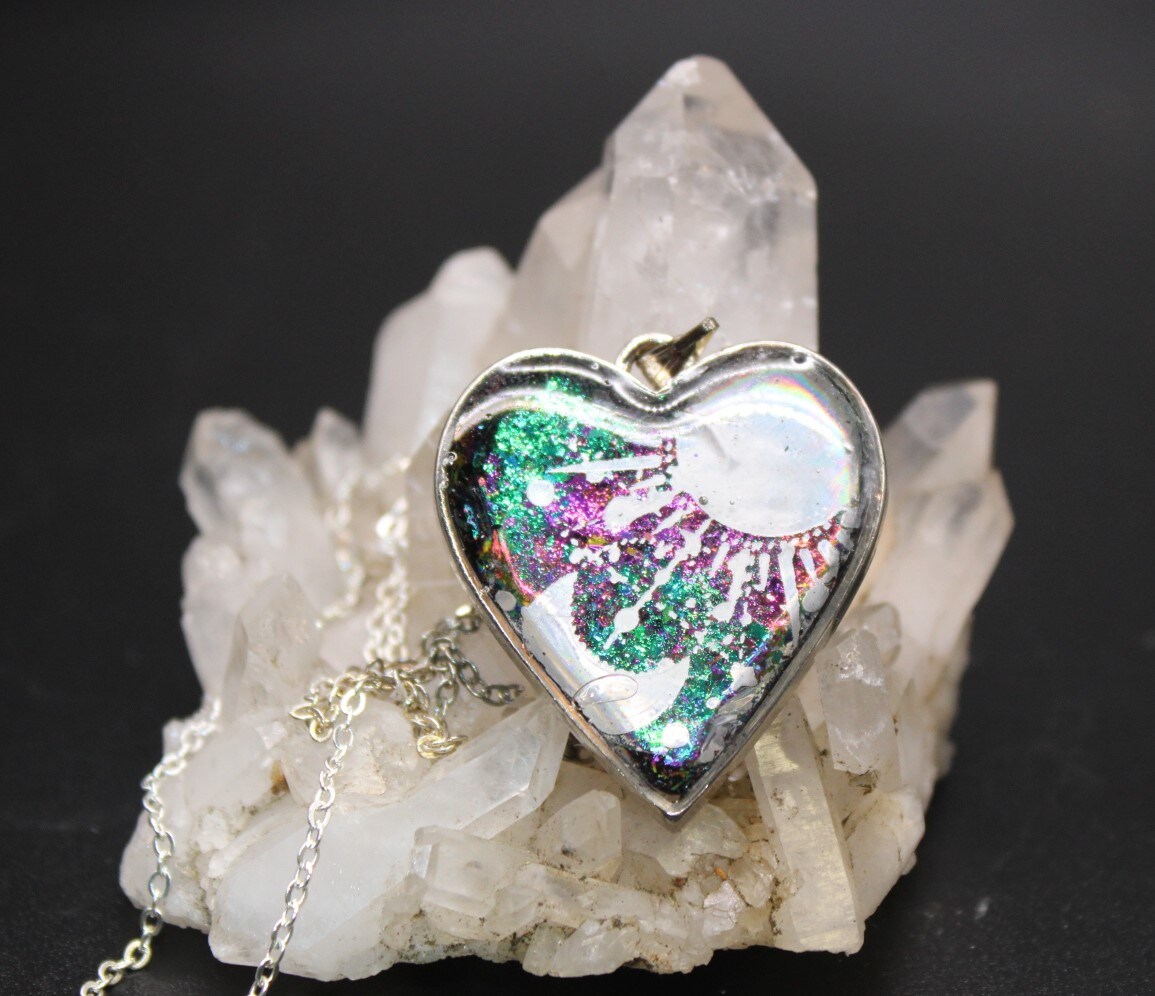 Handmade Epoxy Resin, Green, silver, purple color changing heart