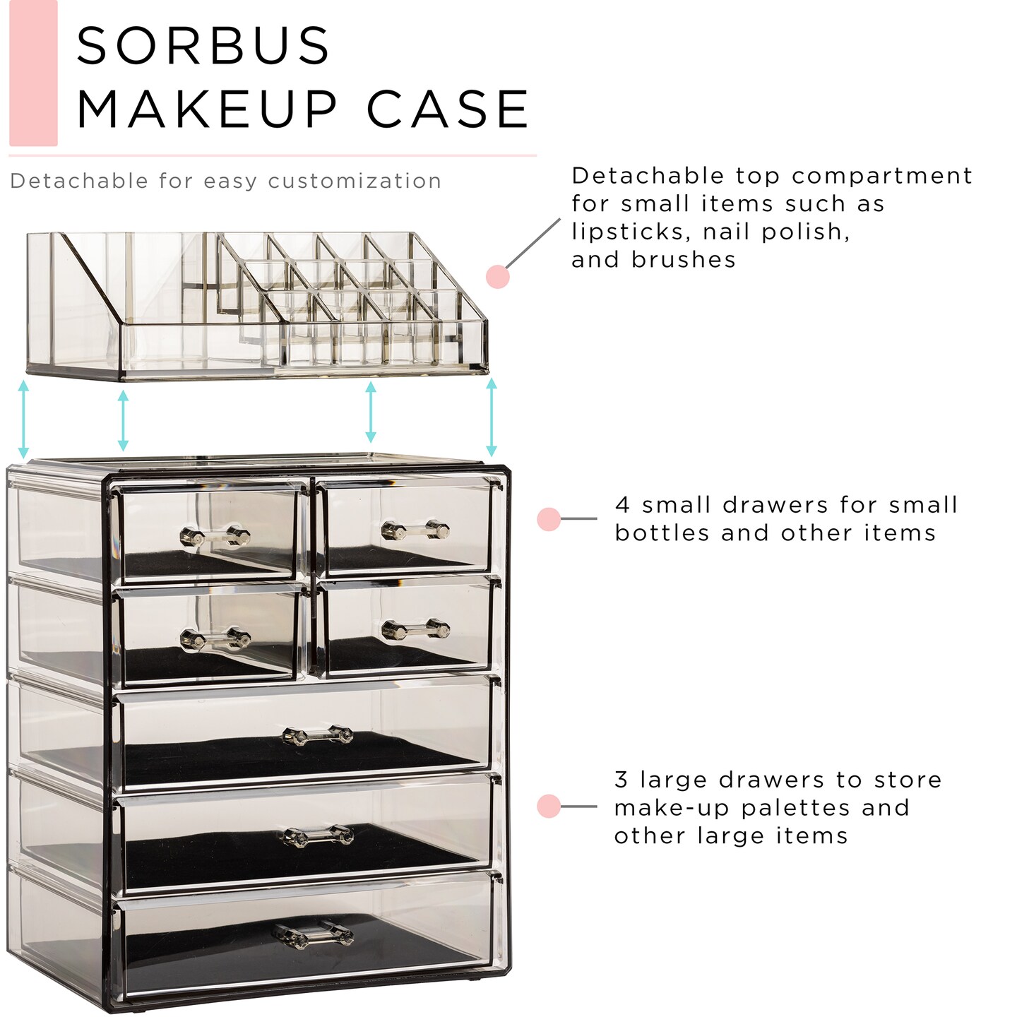 Sorbus Medium Makeup Organizer Set - (3 Large / 4 Small Drawers/Top Tray)