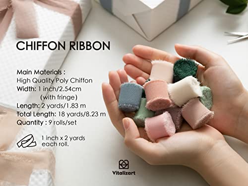 Vitalizart 1&#x22; x 18Yd Chiffon Silk Ribbon Mixed Color Ribbons Set 2 Yd x 9 Rolls Fringe Fabric Eco-Friendly for Wedding Invitations, Bridal Bouquets, Decorations, Gifts Wrapping &#x26; Bow Making