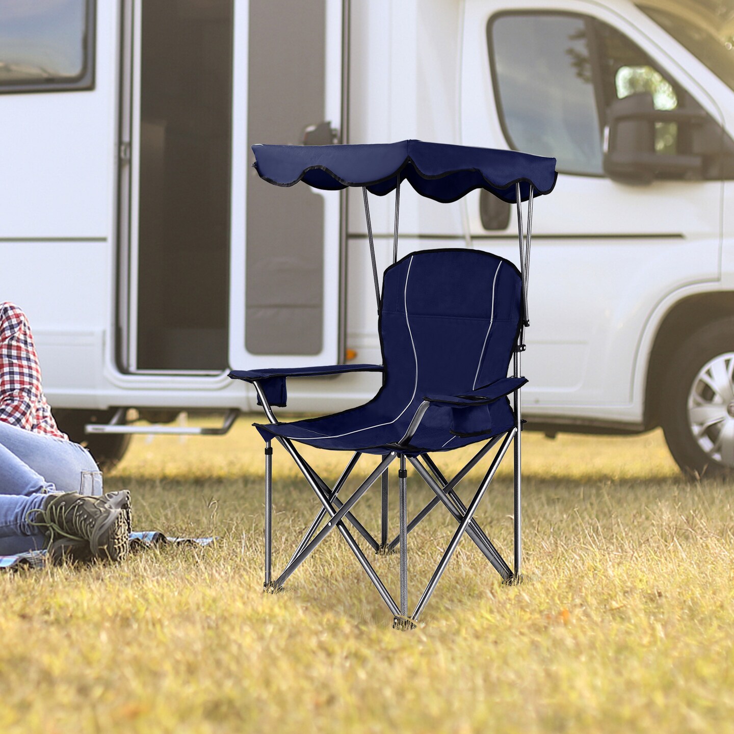 Outdoor Chair with Built In Canopy Sun Shade 600D Fabric Folding Camping Chair with Armrests and Cup Holders