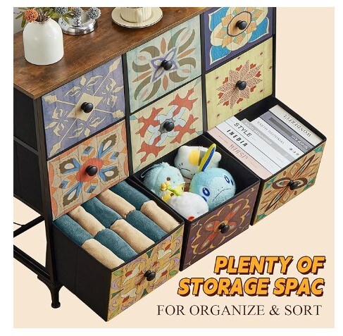Dresser, Nine-Drawer Bedroom Dresser, Big Dressers & Chest of Drawers, Fabric Dresser for Bedroom, Bohemian Storage Drawers, Printed, Wooden Top