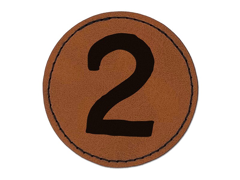 Number 2 Two Cute Typewriter Font Round Iron-On Engraved Faux Leather Patch Applique - 2.5&#x22;
