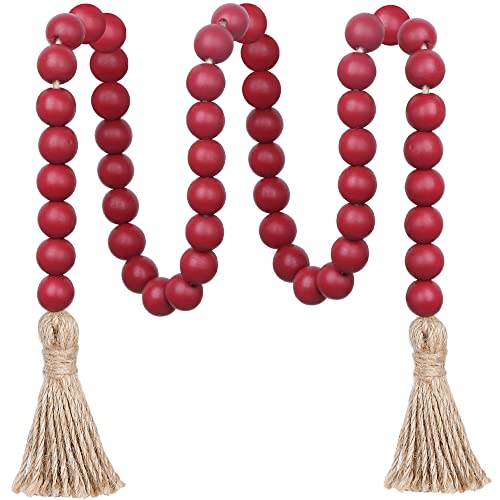 39 inches Wood Bead Garland Farmhouse with Tassels,Versatile Prayer Beads Boho Chic Wall Hanging Home Decor (Burgundy)