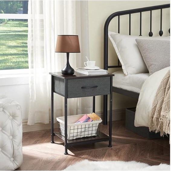 Nightstand, End Table for Bedroom Nursery Living Room - Removable Fabric Drawer, Open Storage Shelf, Sturdy Steel Frame, Durable Wood Top - Charcoal Grey/Dark Walnut