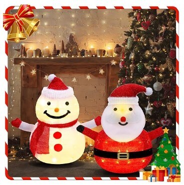 Lighted Christmas Outdoor Decorations 3 Pieces Collapsible Fluffy Snowman Penguin Santa Claus with LED Lights Pre Lit Pop up Christmas Holiday Decorations for Indoors, Outdoors, and Gardens
