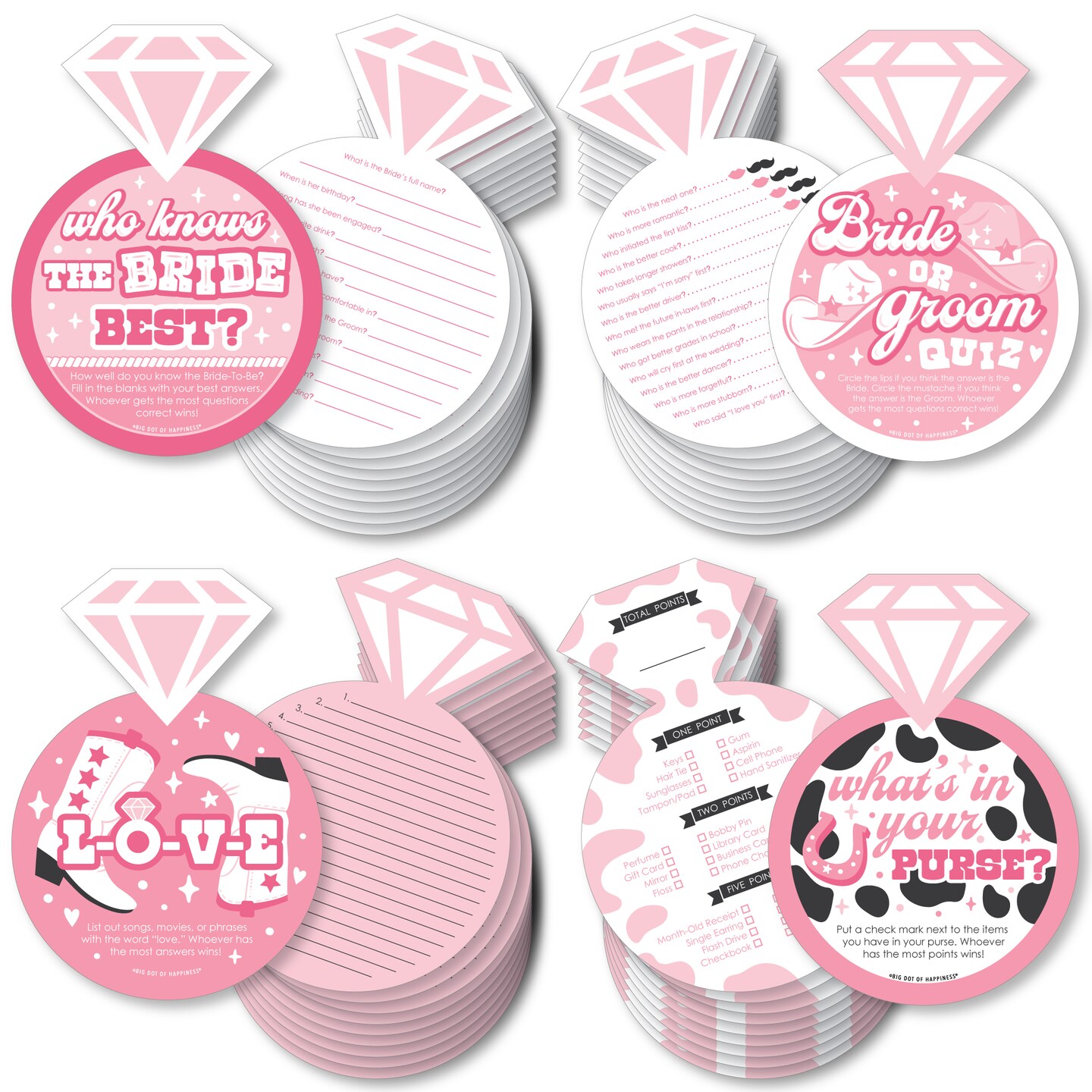 Big Dot of Happiness Last Rodeo - 4 Pink Cowgirl Bridal Shower Games - 10 Cards Each - Gamerific Bundle