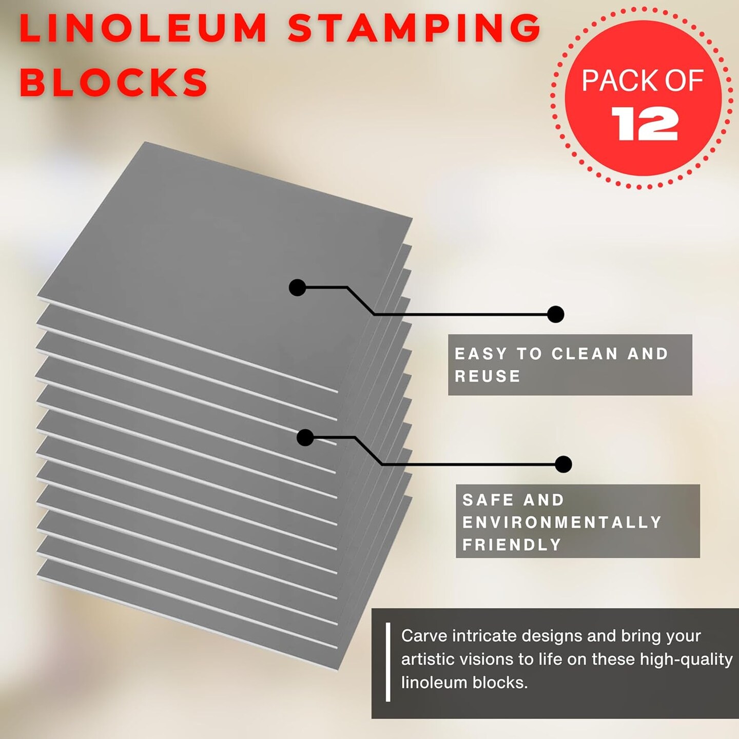 Linoleum Blocks for Printmaking - Printmaking Supplies from Pixiss - Linocut Rubber Stamps (12 Pack) 8