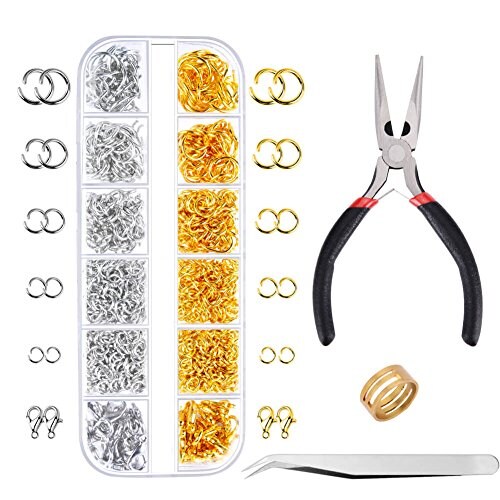 1200 Pieces Open Jump Rings and Lobster Clasps Jewelry Findings Kit with Pliers for Jewelry Making (Silver and Gold)