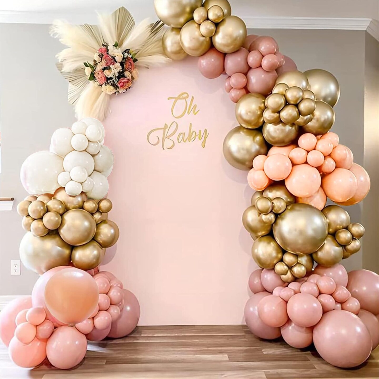 144 Pieces Boho Blush Balloon Garland Kit,Retro Pink Balloons with Pastel Orange Sand White and Metallic Gold Latex Balloons for Girl Women Baby Shower Bridal Shower Wedding Birthday Party Decorations…