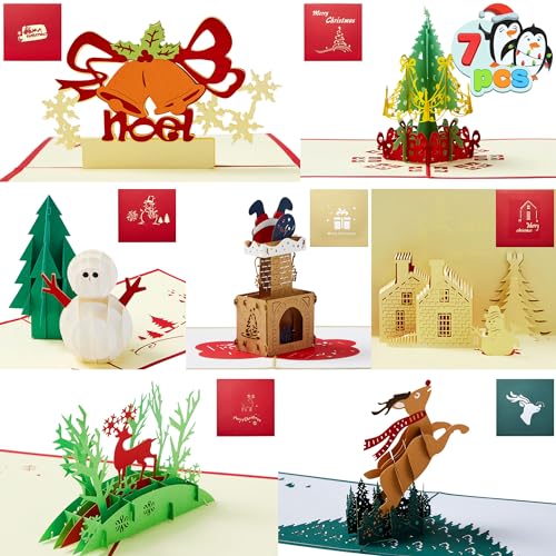 JOYIN Pack of 7 Pop-up 3D Christmas Greeting Cards Unique Designs &#x26; Envelopes 6&#x22; x 6&#x22; for Winter Christmas Season, Holiday Gift Cards, Christmas Gifts Cards.