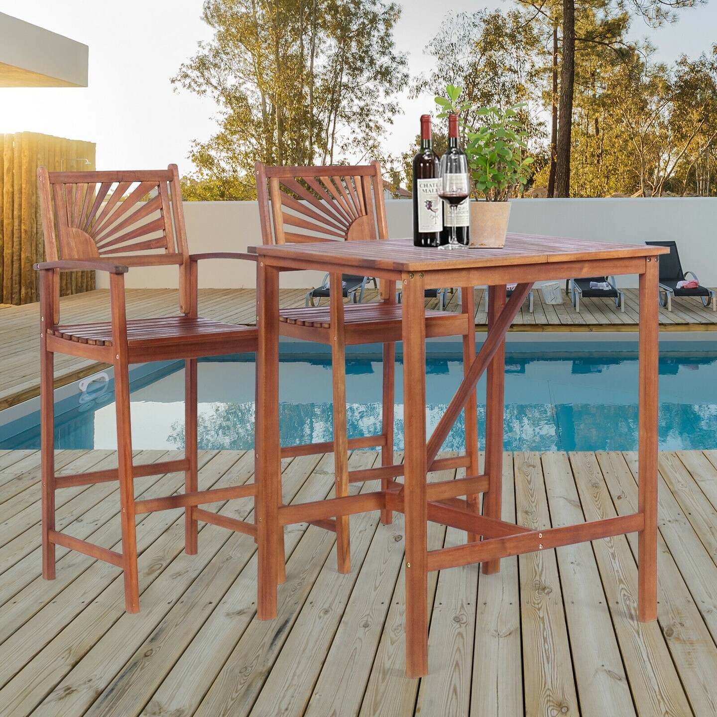 Natural Acacia Wood Patio Bar Set 3-Piece 2 Stools 1 Table Outdoor Indoor