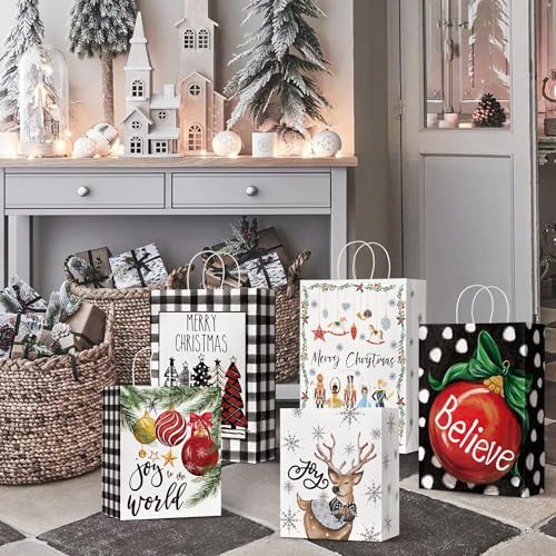 24 Christmas Gift Paper Bags Bulk with handles Wrapping Xmas Holiday Presents(6 Jumbo,6 Large,6 Medium,6 Small)