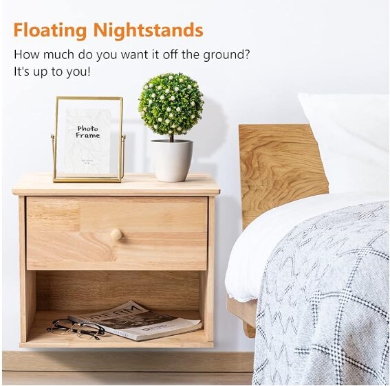 Unfinished Natural Solid Wood Floating Nightstand for Bedroom, Farmhouse Night Stand Wall-Mounted Nightstand/Bedside Table for Small Space Color DIY