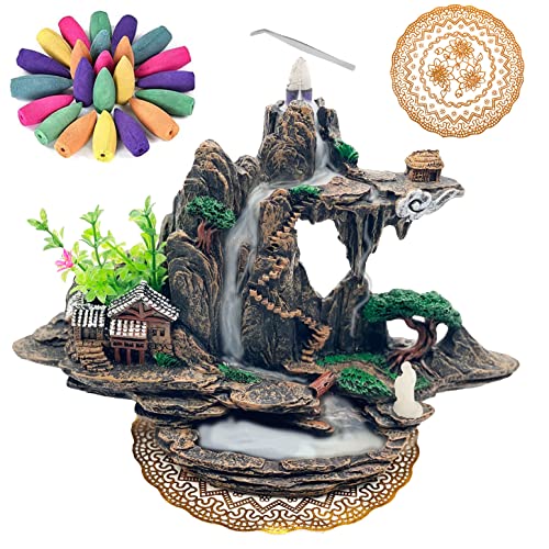Mountain Waterfall Incense Burner,Backfall Incense Holder River, Incense Falls Meditation Decor for Room with Upgrade Incense Cones and Accessories