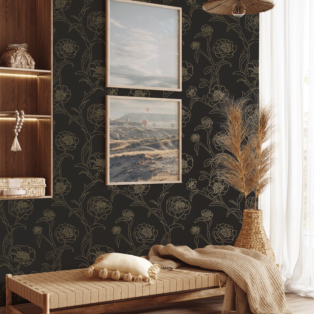 Tempaper &#x26; Co. Peonies Peel and Stick Wallpaper, Black and Gold Floral, 56 sq. ft.