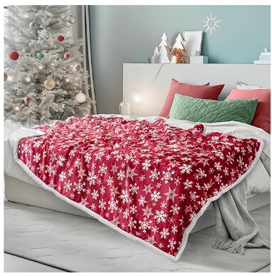 Red Snowflake Decoration, Fleece, Plush, Warm, Cosy Reversible Microfiber Holiday Blanket 50 x 60