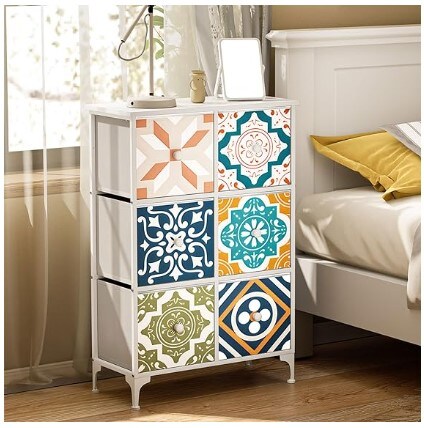 Mediterranean Style Dresser with 6 Drawers, Chest of Drawers with Wood Top & Knob, for Living Room, Bathroom, Guest Room, Dorm, Sea White