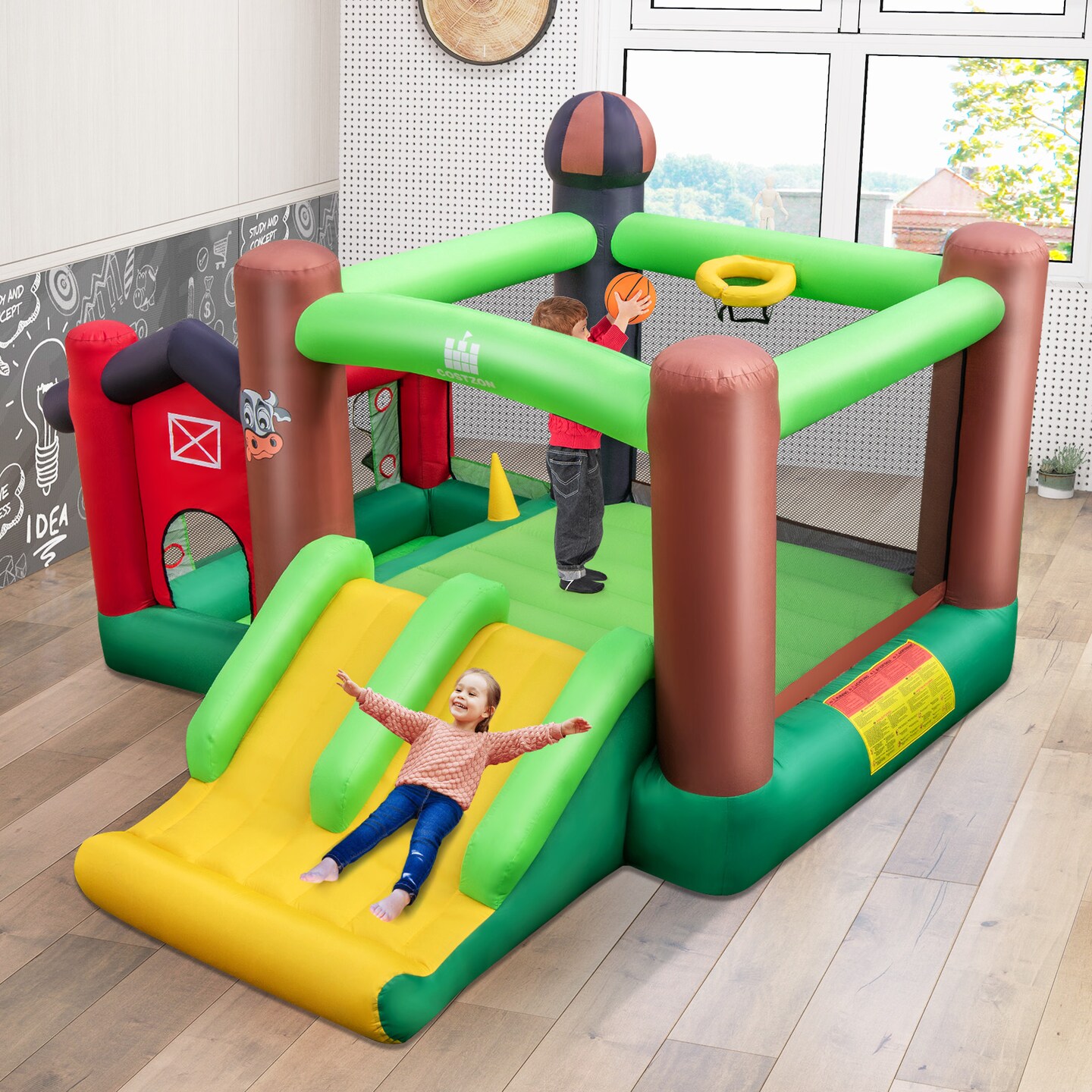 Kids Inflatable Bounce House With Double Slides Basketball Hoop Outdoor Play