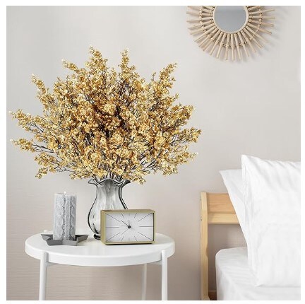 15 Artificial Baby&#x27;s Breath Flowers Real Touch Fake Silk Flowers for Home Wedding DIY Floral Arrangement Kitchen Table Centrepiece Gypsophila Bouquets Bulk Gold Christmas Decoration