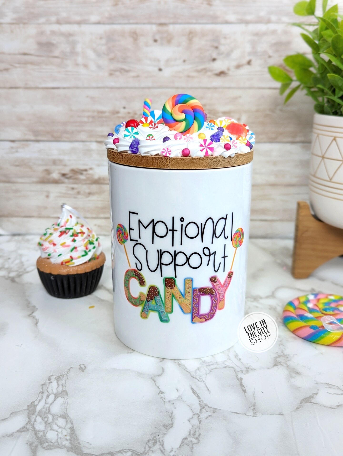 Emotional Support Candy Ceramic Candy Jar with Bamboo Lid and Fake