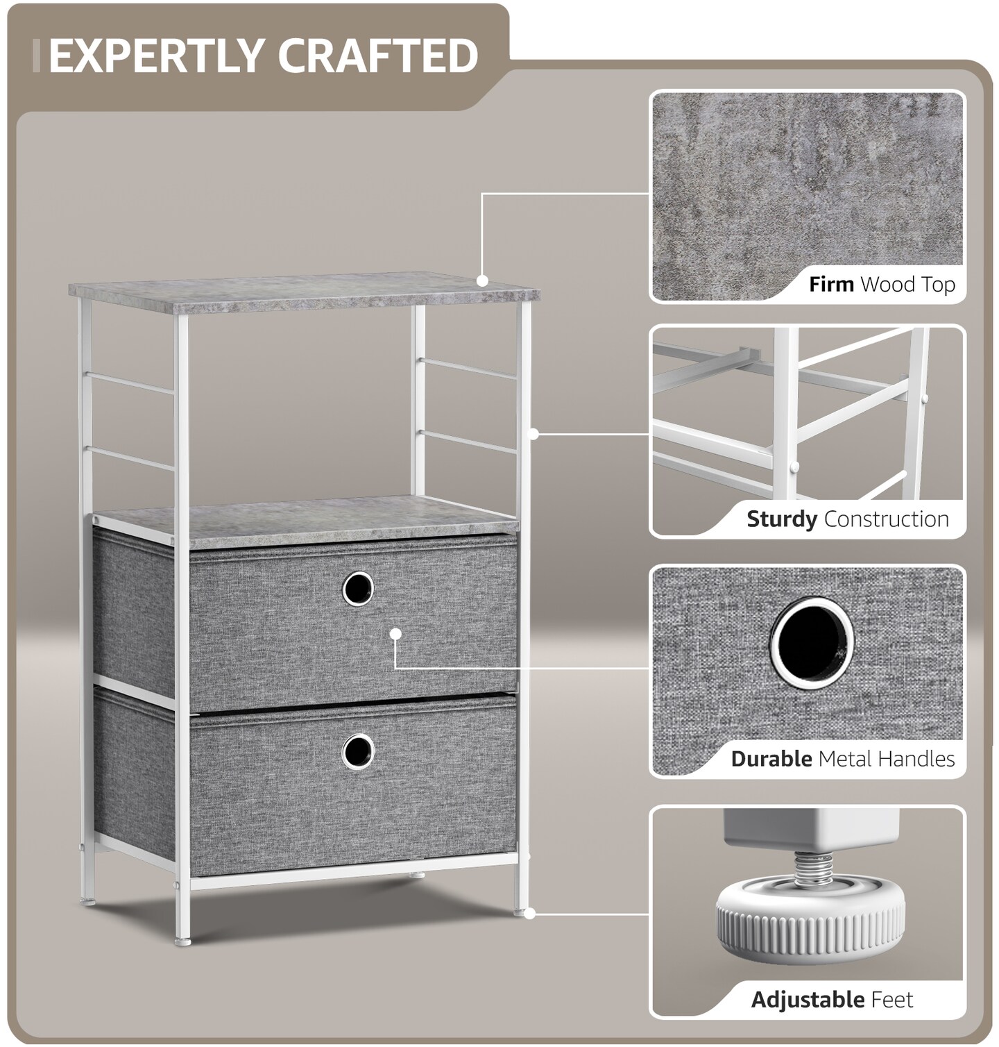 Sorbus Nightstand 2-Drawer Shelf Storage - Bedside Furniture &#x26; End Table Chest Dresser with Steel Frame, Wood Top &#x26; Easy Pull Fabric Bins for Home, Bedroom, Closets, Bathroom, Office &#x26; College Dorm