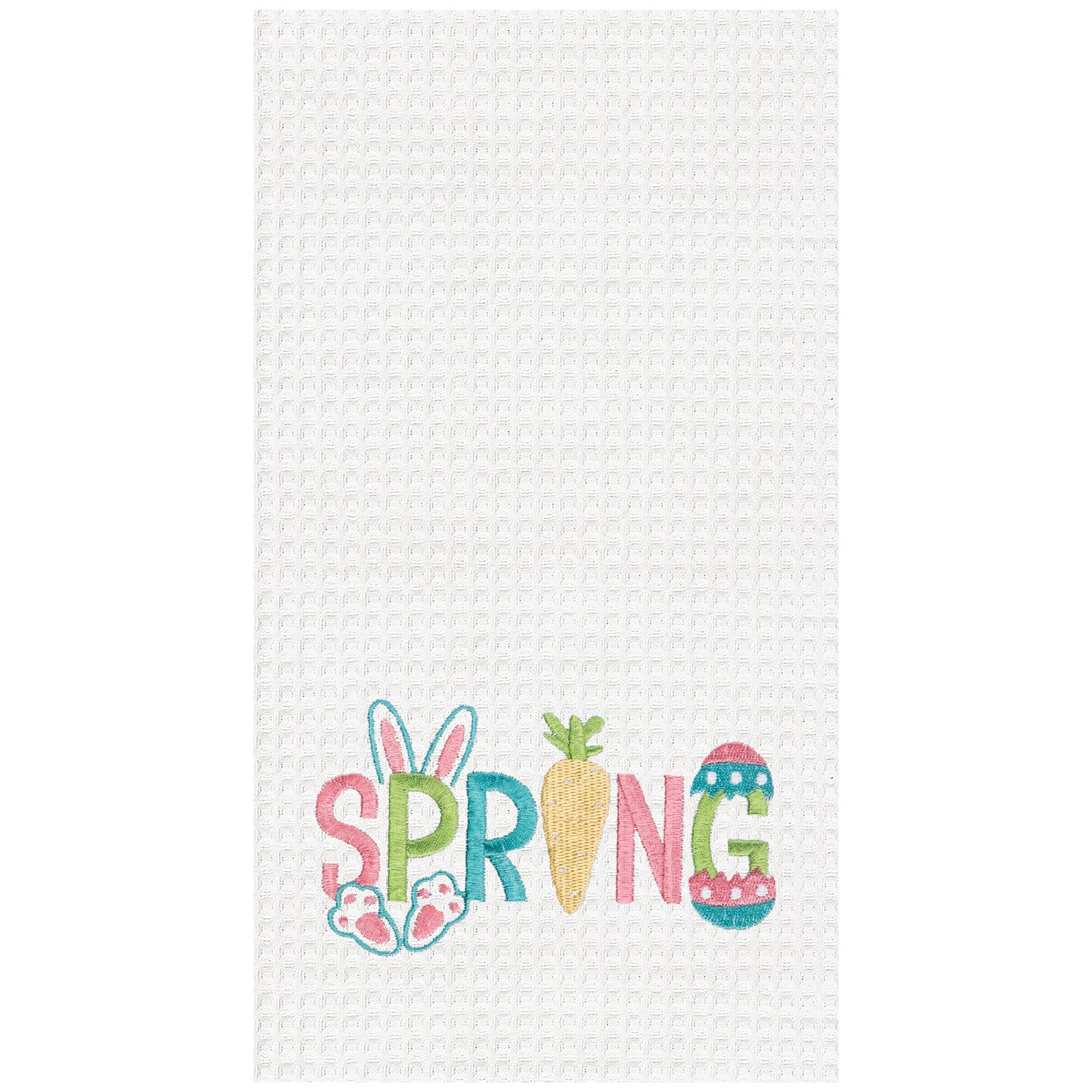 &#x22;Spring&#x22; Easter Egg Bunny Rabbit Embroidered Cotton Waffle Weave Kitchen Dishtowel