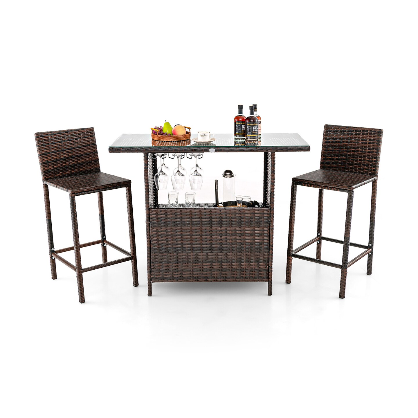 3 Pieces Outdoor Wicker Bar Set with 3 rows stemware racks