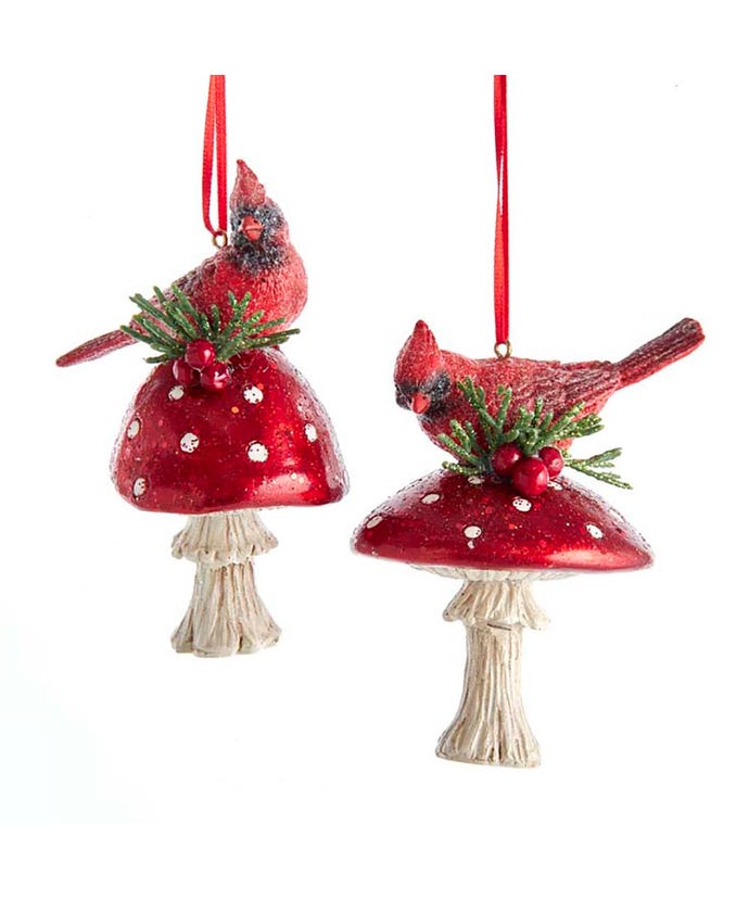 Cardinal On Mushroom Ornaments, 2 Assorted