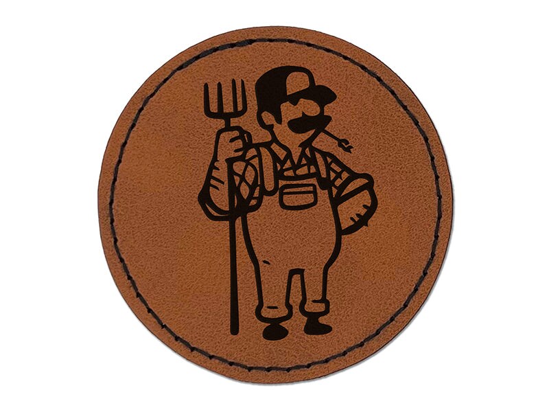 Farmer with Overalls and Pitchfork Round Iron-On Engraved Faux Leather Patch Applique - 2.5&#x22;
