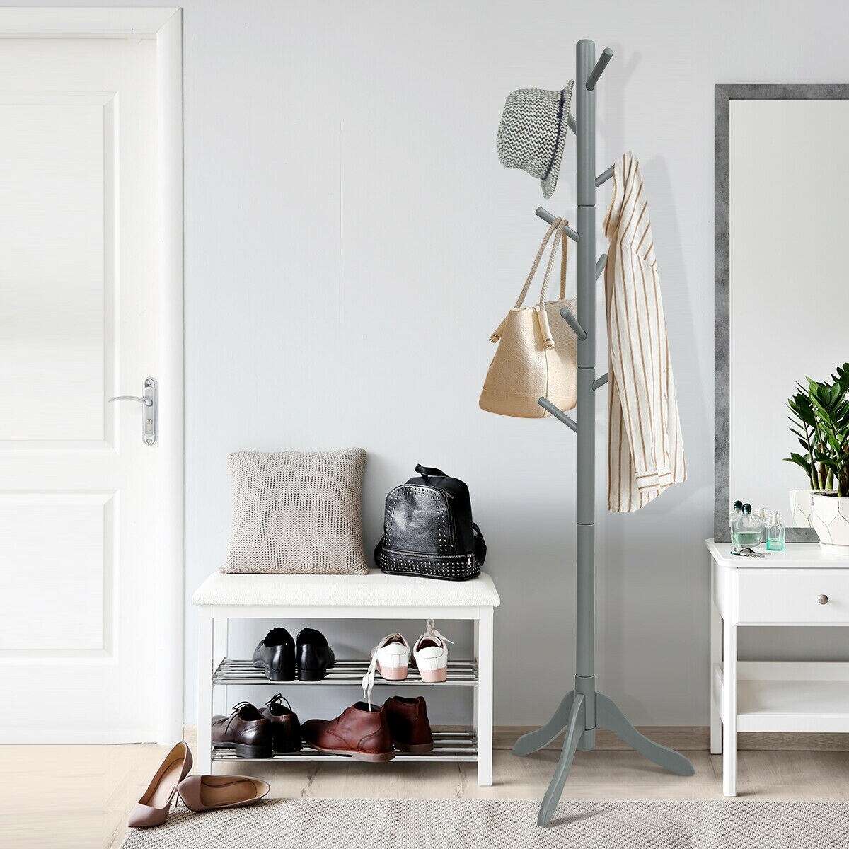 Adjustable Wooden Tree Coat Rack with 8 Hooks