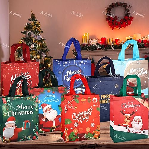 8 PCS Christmas Gift Bags,Christmas Tote Bags with Handles, Christmas Treat Bags, Multifunctional Non-Woven Christmas Bags for Gifts Wrapping Shopping, Xmas Party Supplies, 12.2&#xD7;9.8&#xD7;4.5inch
