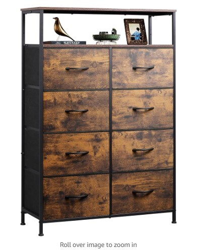 Fabric Dresser with Open Shelves for Bedroom, Tall Dresser with Eight Drawers, Fabric Bin Storage Tower, Closet Chest of Drawers for Living Room, and Hallway Print with Rustic Brown Wood Grain