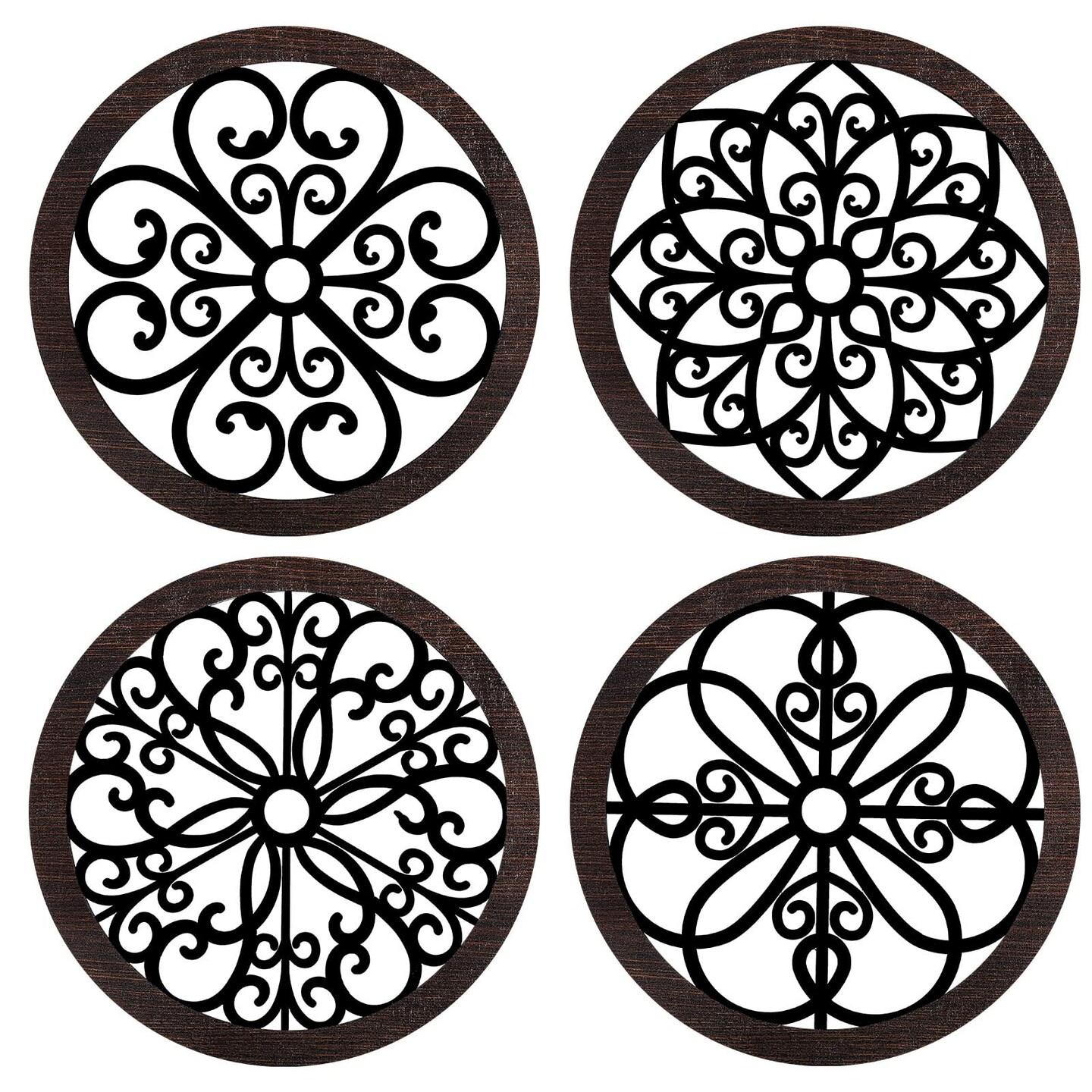 4 Pieces Carved Wood Wall Art Thicken Brown Wall Decor Brown White