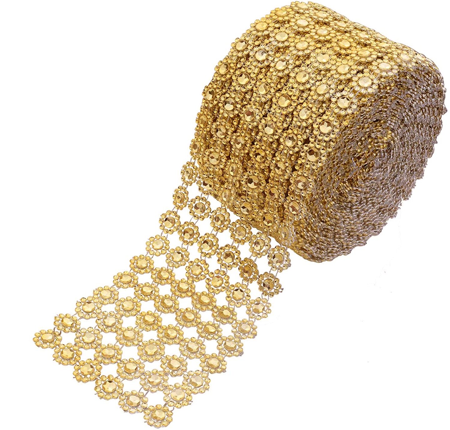 6 Rows  Crafts Faux Diamond Bling Wrap 4&#x22; x 10 Yards Gold Flower Pattern Faux Rhinestone Crystal Mesh Ribbon Roll for Wedding, Party, Centerpiece, Cake, Vase Sparkling Decoration (Gold)