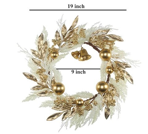 White Fake Pampas Grass Xmas Wreaths with Gold Berry Leaves Bells Balls for Windows Fireplaces Walls, Indoor and Outdoor, 19 Inch Gold Christmas Wreath for Front Door