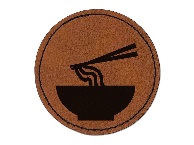 Pho Ramen Noodle Bowl Solid Round Iron-On Engraved Faux Leather Patch Applique - 2.5&#x22;