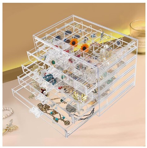 Acrylic Jewelry Holder Clear Jewelry Storage with 5 Drawers for Women, Girls, and Men
