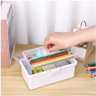 Small Plastic Storage Box with Lid 7.9x3.7x4.1 Art Supply Storage  Organiser with Handled Removable Tray White Multi-purpose Small Storage  Container Portable Sewing Box for Art & Sewing Supplies