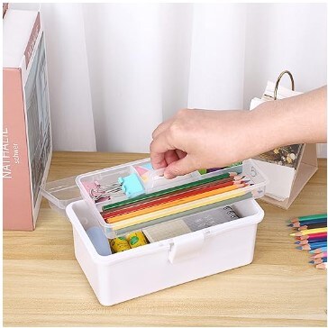 Small Plastic Storage Box with Lid 7.9"x3.7"x4.1" Art Supply Storage Organiser with Handled Removable Tray White Multi-purpose Small Storage Container Portable Sewing Box for Art & Sewing Supplies