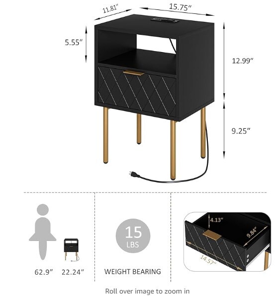 Small Bedside Table with Drawer,Black Night Stand, Bedside Furniture, End Table with Gold Frame,Drawer Dresser for Bedroom,Living Room,Diamond