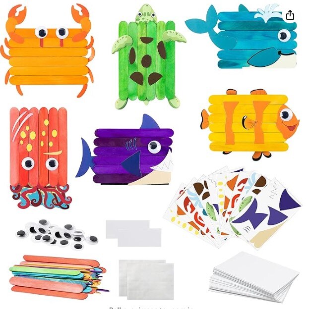 Under The Sea 6Pcs Ocean Wooden Sticks Craft DIY Kids Art Crafts Kit Creative Handmade Project Supplies with Googly Eyes Animals Birthday Activity Games for Boys and Girls at Home and in the Classroom