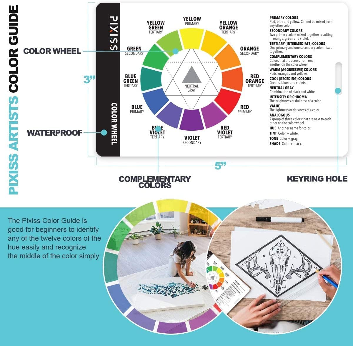 Pixiss Photography Cards and Measuring Lanyard (9 Pack) - Gray Scale Value Finder, Color Wheel, and Scene Composition Flash Cards with Measuring Tape Lanyard