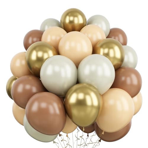 60 Packs 12 Inch Retro Brown Cream Balloon, Brown Beige Balloons, Sand White Neutral Balloons Metallic Gold Balloons for Birthday Baby Shower Jungle Boho Wedding Decorations