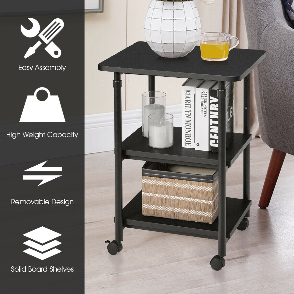 3-tier Adjustable Printer Stand with 360&#xB0; Swivel Casters