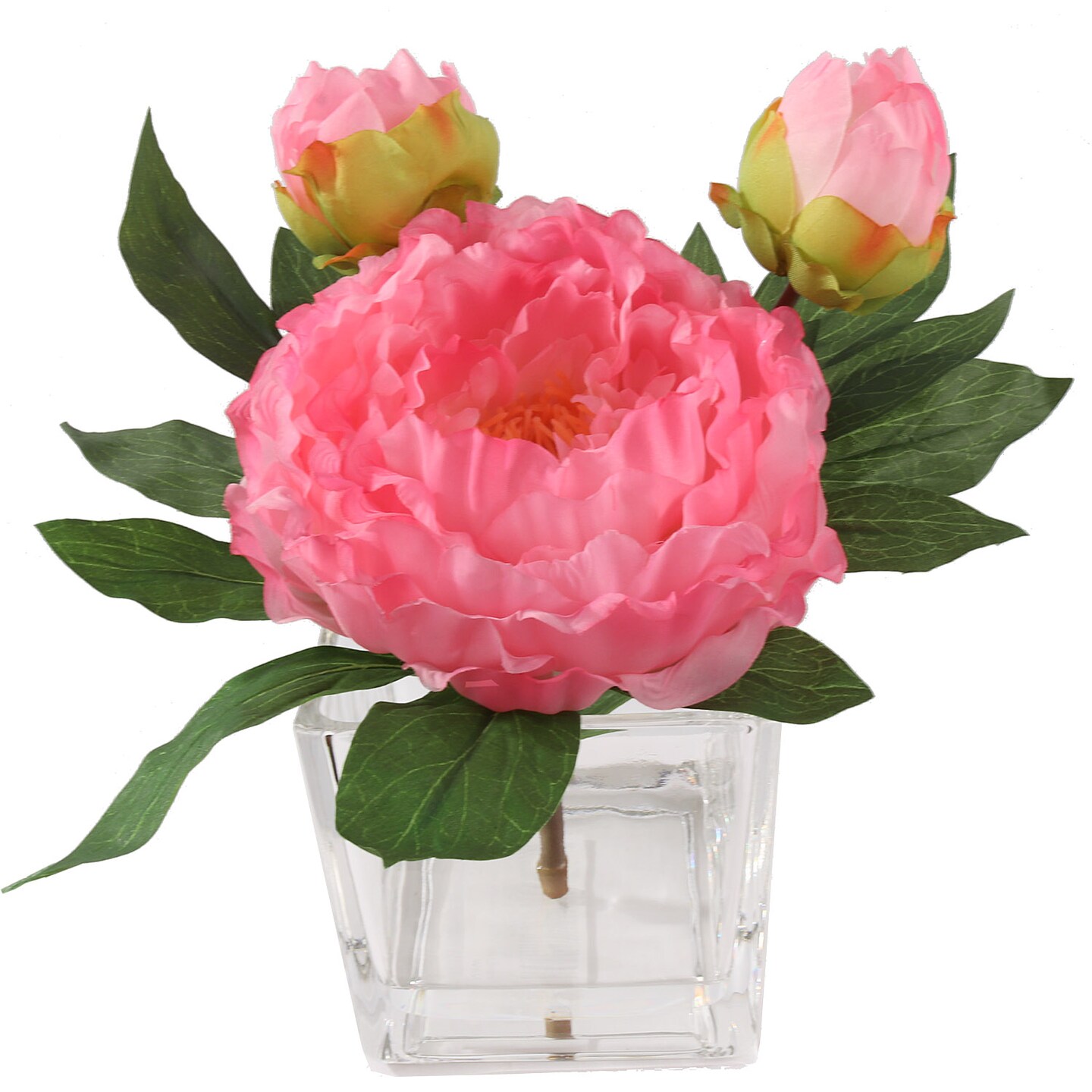 Set of 2: Artificial Pre-Made Peony Arrangement in Faux Water Look Glass Square Vase | 10-Inch | Pink | Floral Arrangement | Parties & Events | Home & Office Decor