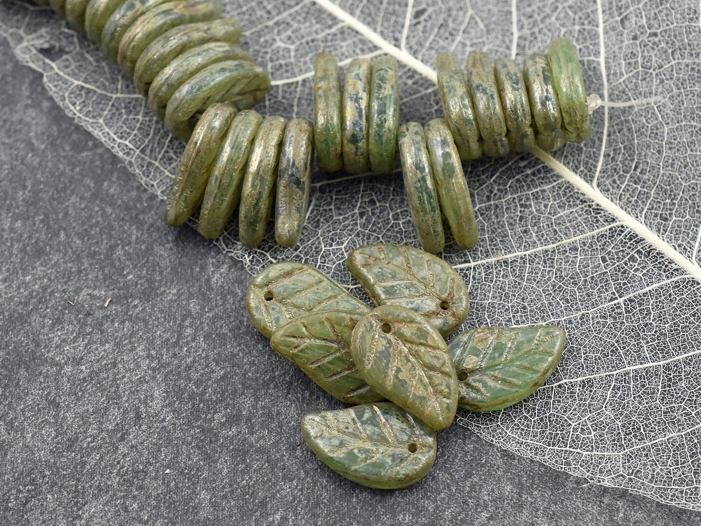 *25* 15x9mm Sage Green Opal Picasso Top Hole Leaf Beads